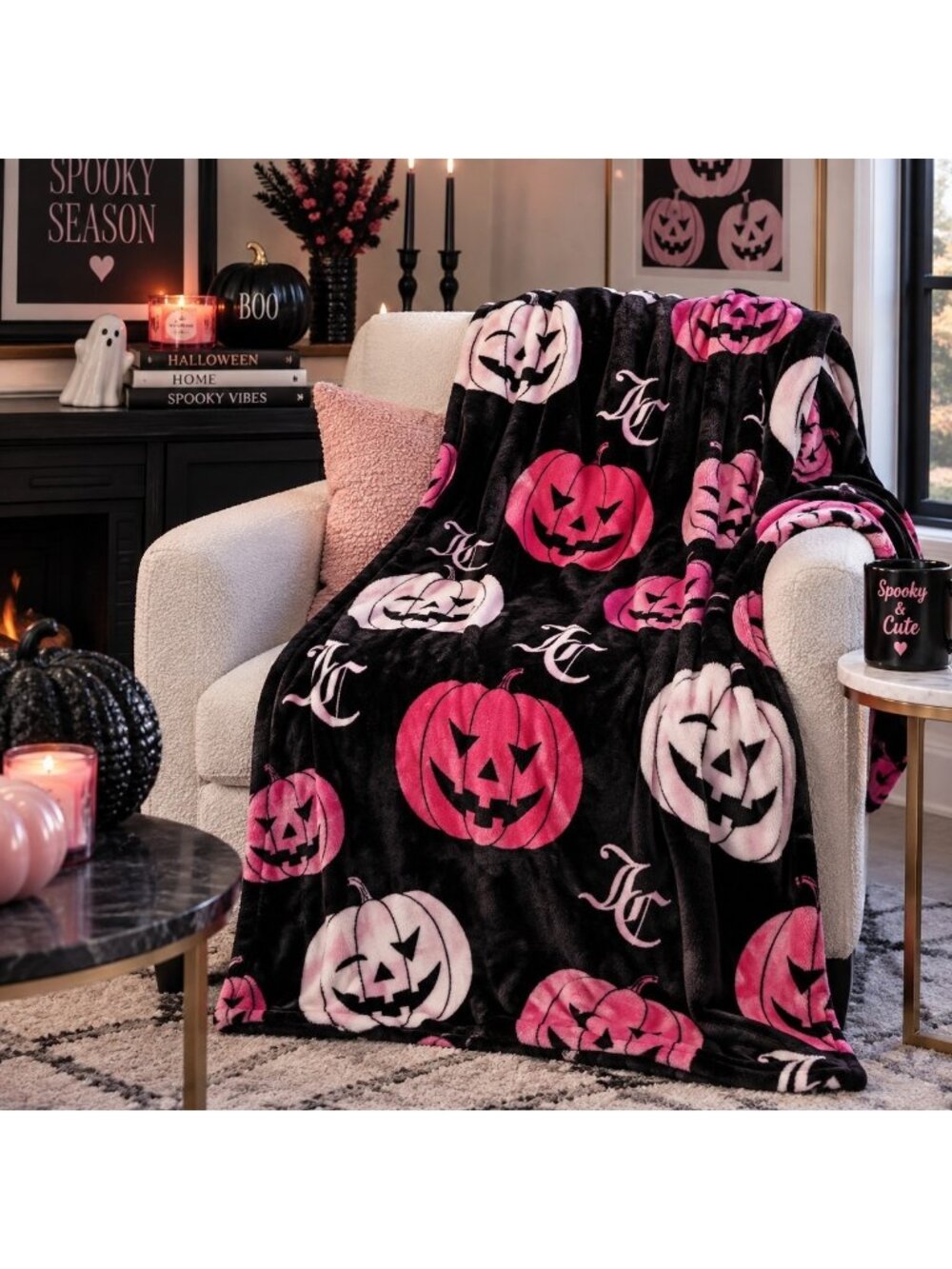 Juicy Couture Halloween Blanket Pink Pumpkin Jack O Lantern Plush Throw 60x70
